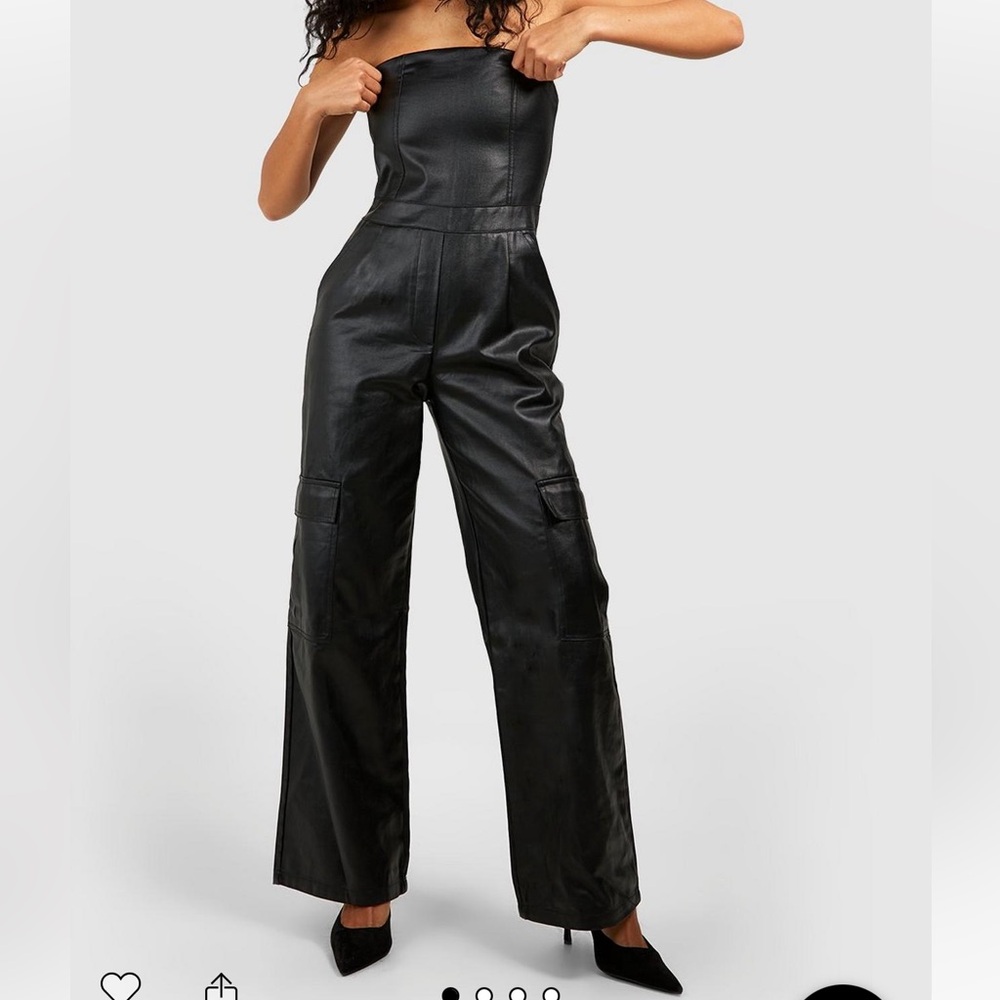 Boohoo black leather / denim jumpsuit
